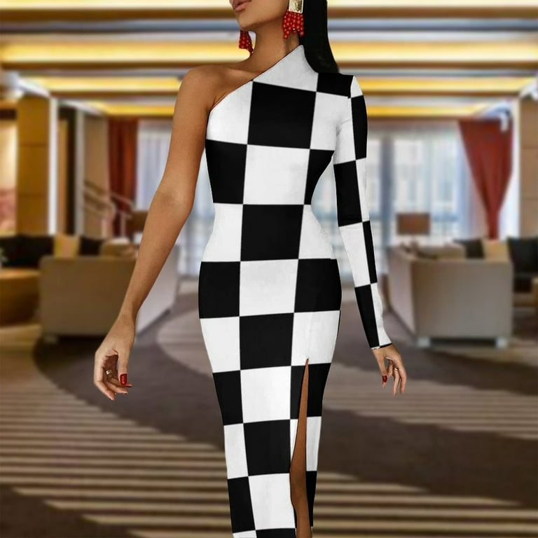checkered formal dress Black & White Plaid Sequin Embellished Tweed Royal Neckline Maxi Dress –  RAISA VANESSA INT