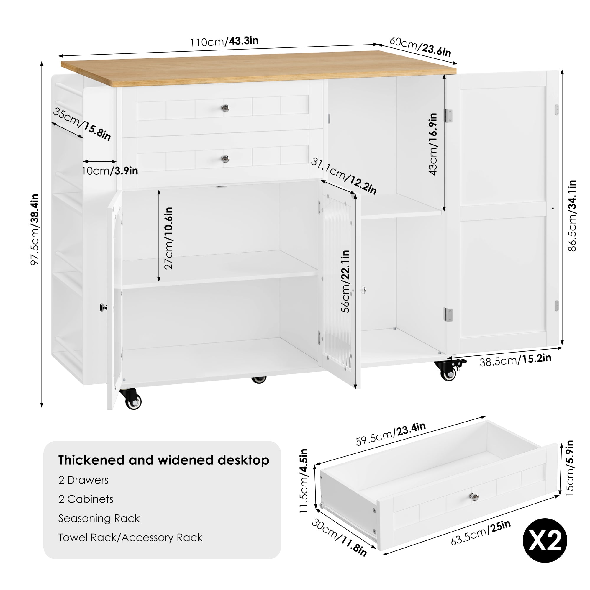 Homfa 43.3" Portable Kitchen Island Cart with Drop Leaf, 3-Doors 2-Drawers Wood Rolling Storage Cart with Spice Rack and Lockable Wheels