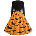 thumbnail image 5 of Halloween Dresses for Women Spider Hepburn Long Sleeve Classic Swing Dress Pumpkin Cocktail V-Neck Casual Dresses with Belt 2XL, 5 of 5