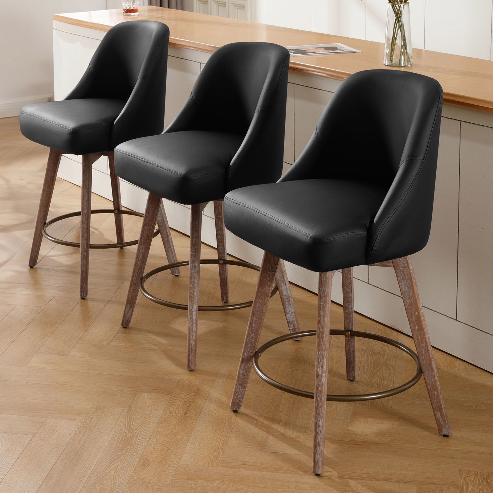 Foreate Swivel PU Bar Stools Set of 1, 26" Counter Height, Uholstered Leather with Mid-Back & Wood Legs, Modern Chair Island Stool for Kitchen Pub, Black