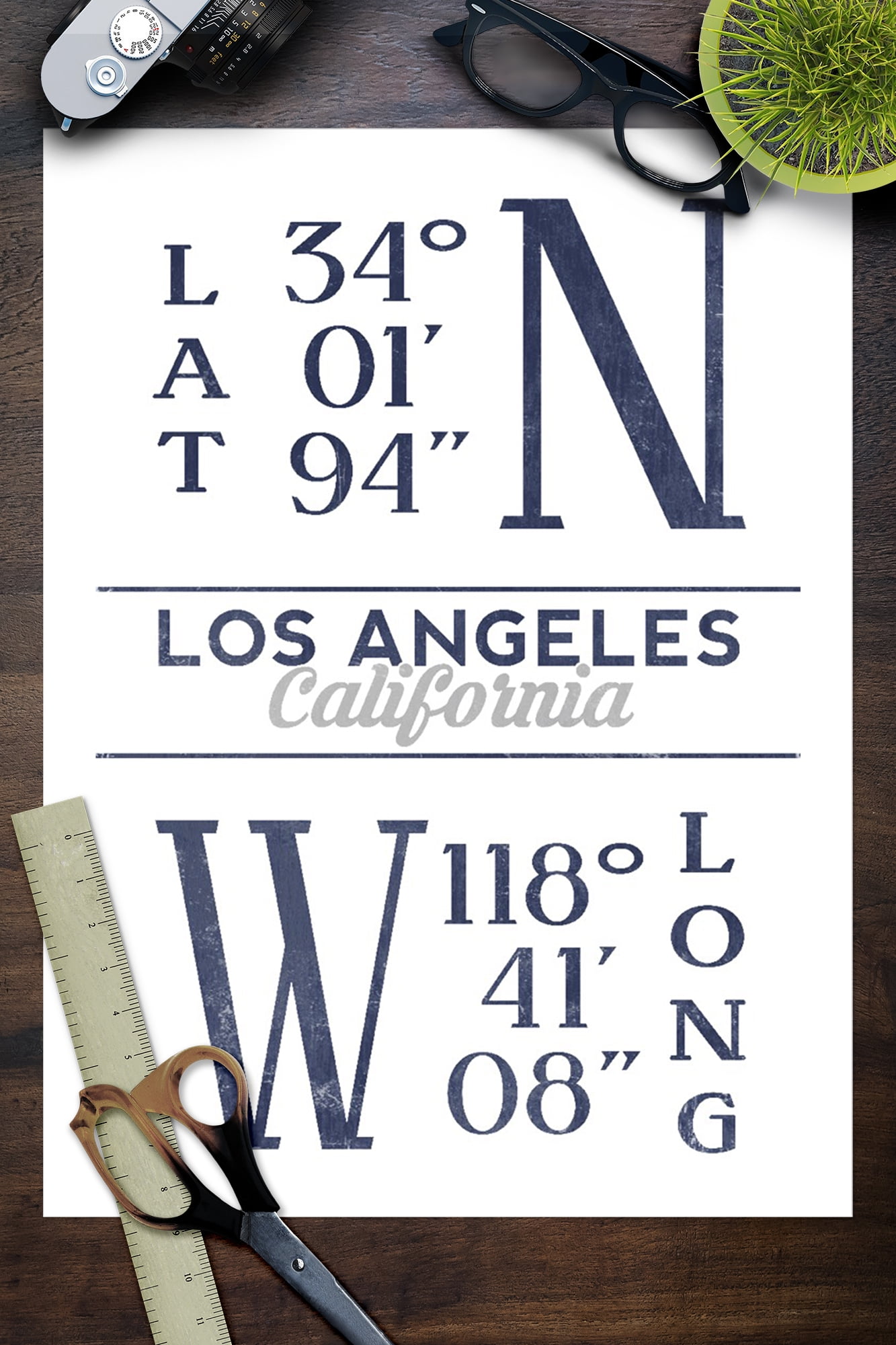Los Angeles, California, Latitude and Longitude (Blue) (9x12 Wall Art  Print, Home Decor)