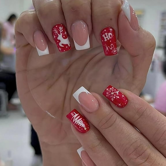 Christmas Press on Nails Medium Square Fake Nails Pink Full Cover White&Glitter Swirl False Nails with Designs Gold Glitter Glossy Glue on Nails Artificial Nails for Women Girls 24Pcs Christmas