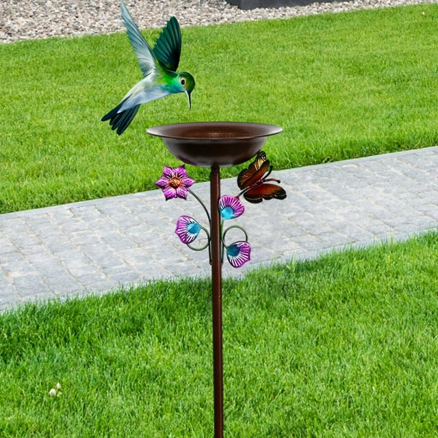 Baño para Pájaros de Exterior, Baño para Pájaros de Jardín, Arte de Hierro, Soporte con Estaca, Elegante Bebedero para Patio, Jardín, Césped, Decoraci Vistoso