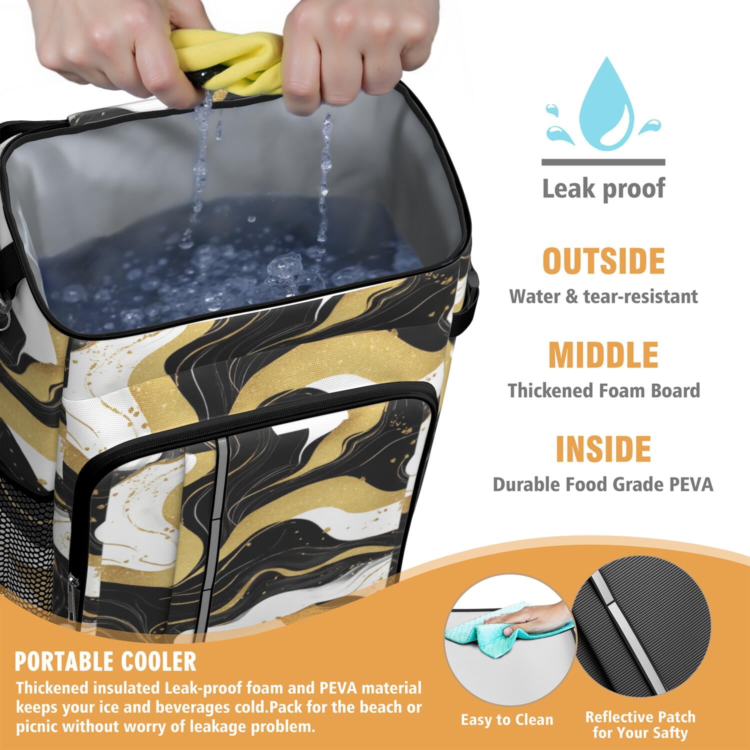 Travel Cooler Bag - Black White and Gold Marble Camping Beer Cooler Backpack with Bottle Opener- Waterproof Insulated Picnic Backpacks - Cooler Bag for Beach
