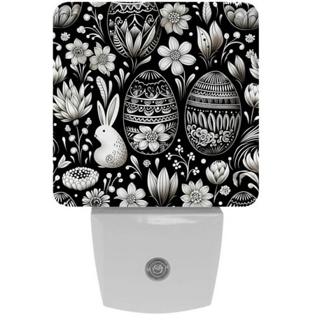 

Black and White Easter LED Square Night Light - Energy Efficient Plug-in Nightlight with Auto Sensor for Bedroom Bathroom and Hallway - Soft Glow Illumination - White Pack of 2