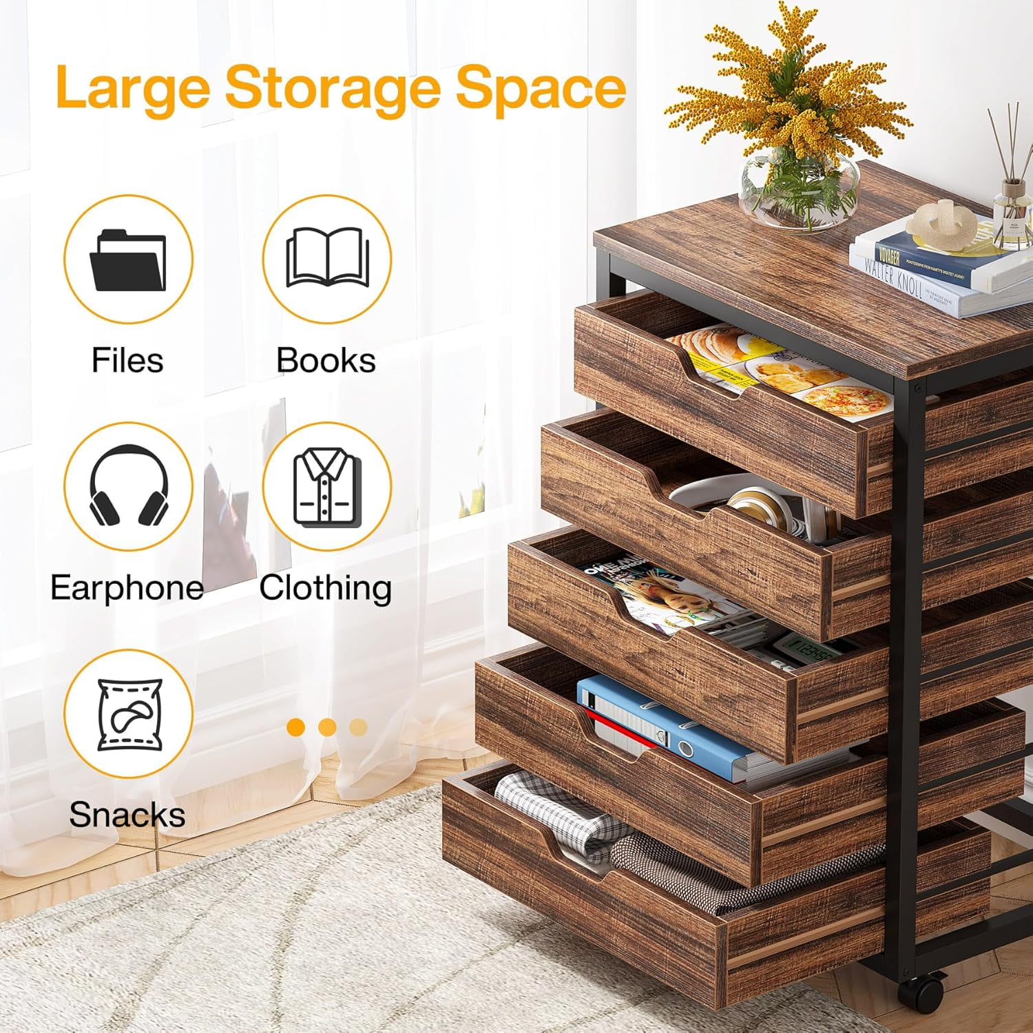 PurelyGoods 5-Drawer File Cabinet, Wood Mobile Storage Drawer Unit, Industrial Office Cabinet with Drawers & Wheels, Rolling Printer Stand for Home Office (Rustic Brown)
