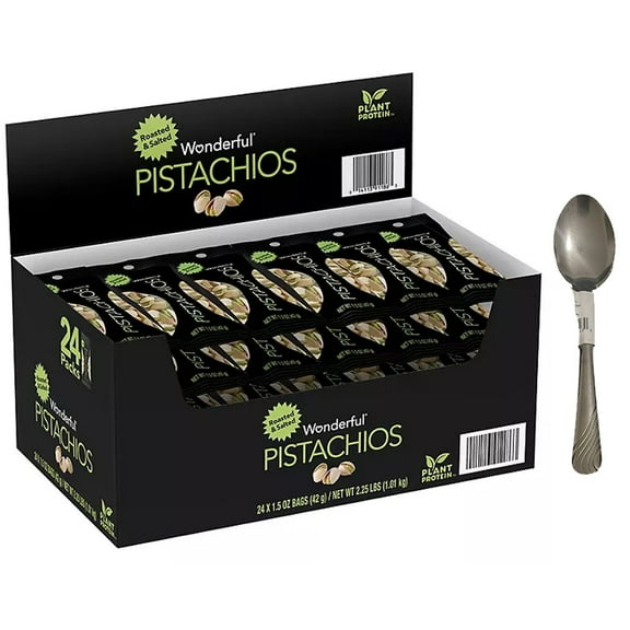 Wonderful Pistachios, Roasted and Salted Nuts, 1.5 Ounce Bag (Pack of 24) With Spoon