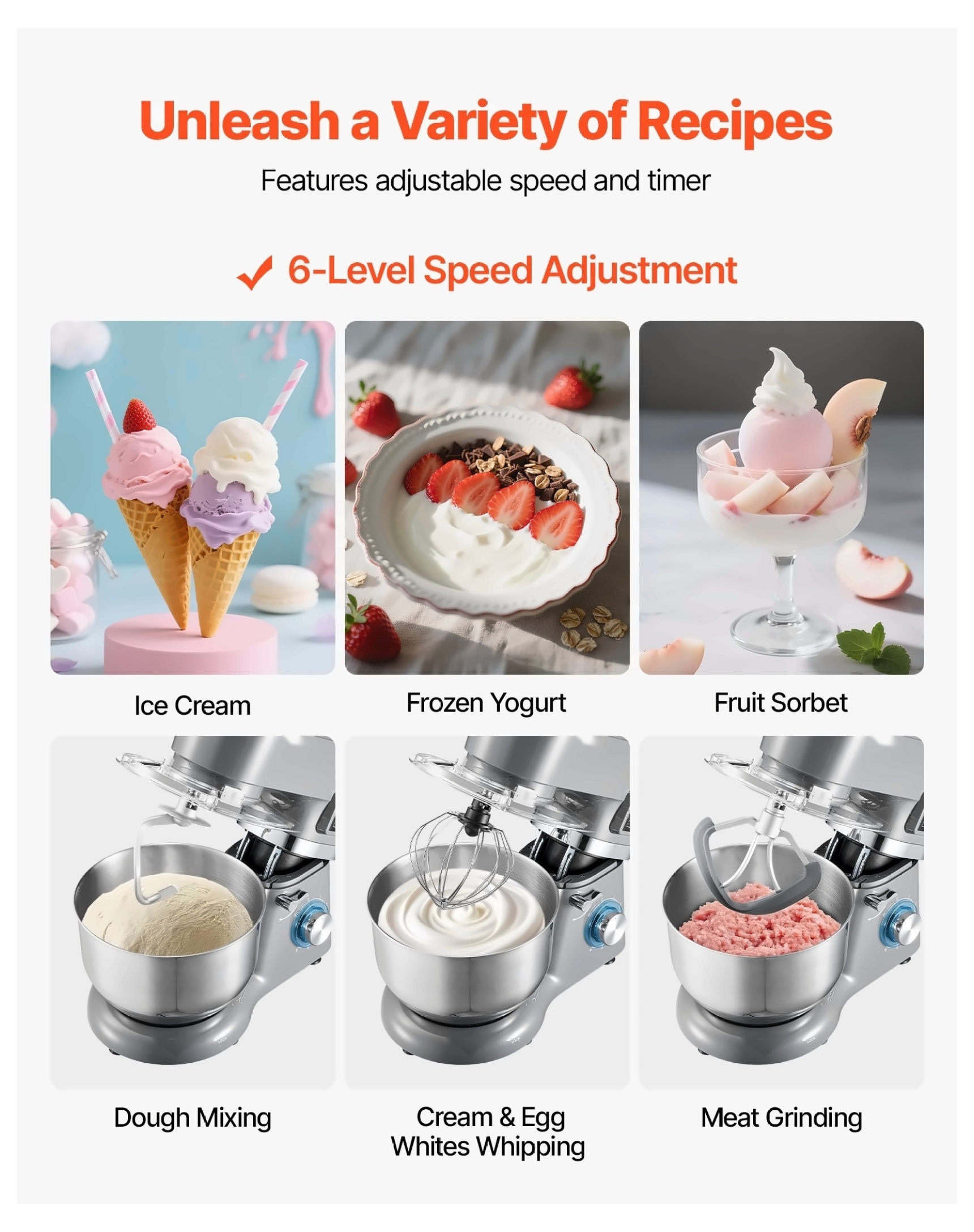 Electric Ice Cream Maker, 1.8 Qt Frozen Yogurt Machine with Digital Timer, 6-Speed, Includes Mixing Paddle & Dough Hook, for Sorbet, Gelato, Grey