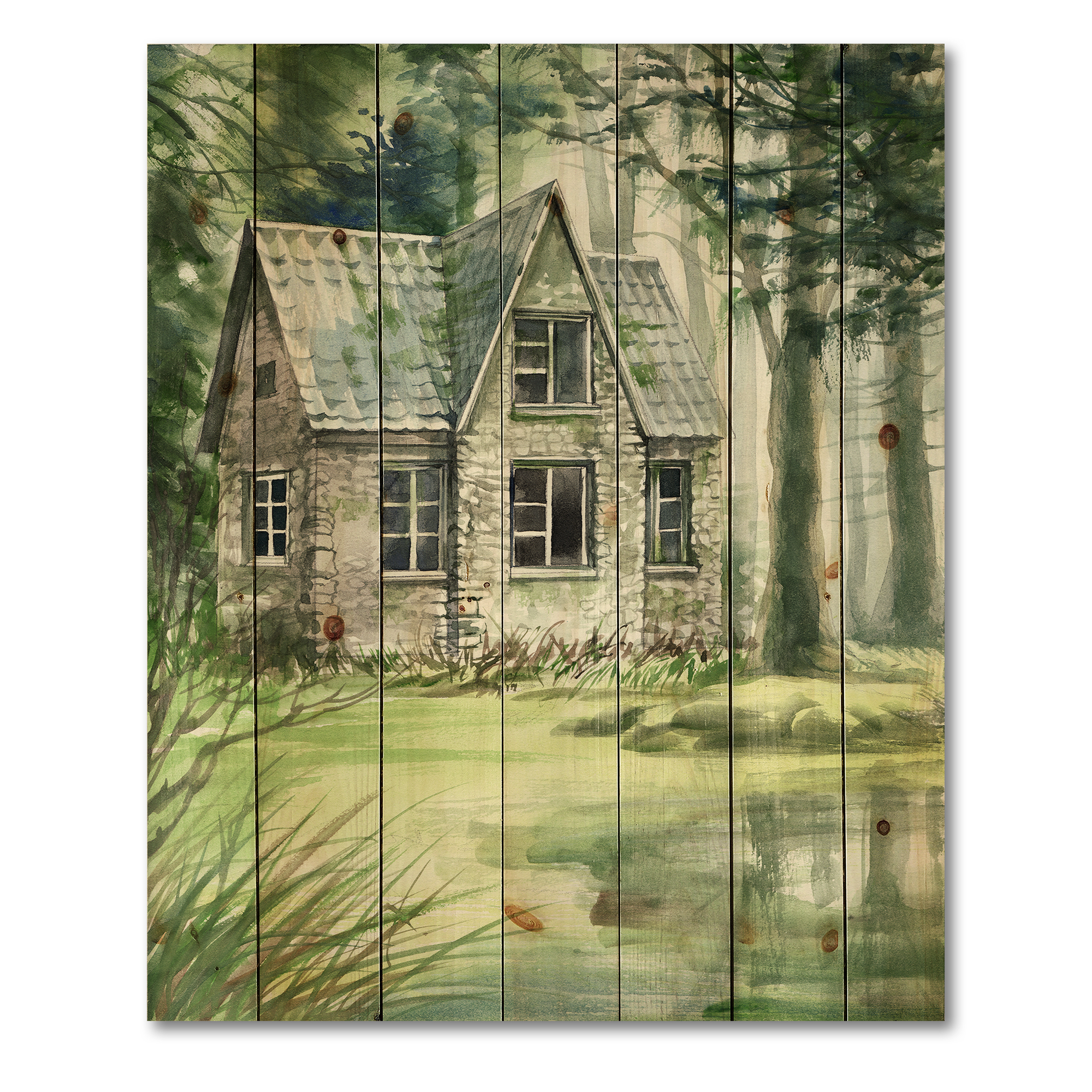 Designart 'Old Haunted House In The Pine Forest' Lake House Print on Natural Pine Wood