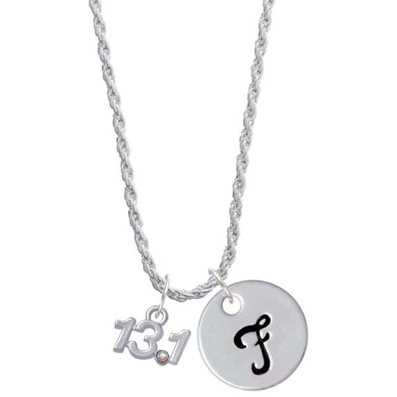 Delight Jewelry Silvertone Half Marathon - 13.1 with Clear AB Crystal Silvertone Script Initial Disc - F - Charm Necklace, 20"+3"