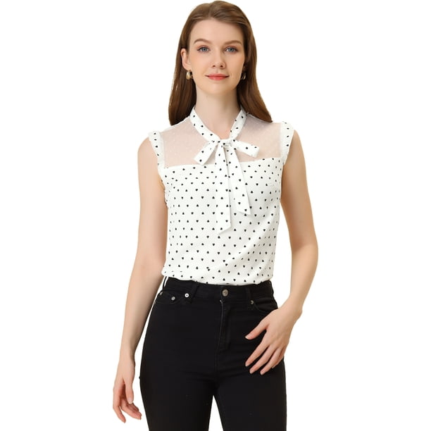 Blusa de trabajo Allegra K con Lazo transparente de malla sin mangas con Volantes Vintage y estampado de corazones Para Mujer Blanco XL