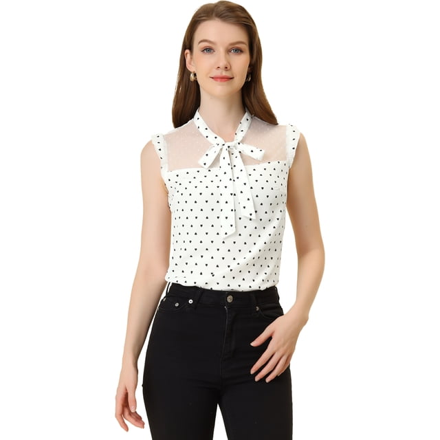 Blusa de trabajo Allegra K con Lazo transparente de malla sin mangas Volantes Vintage estampado de corazones Blanco S
