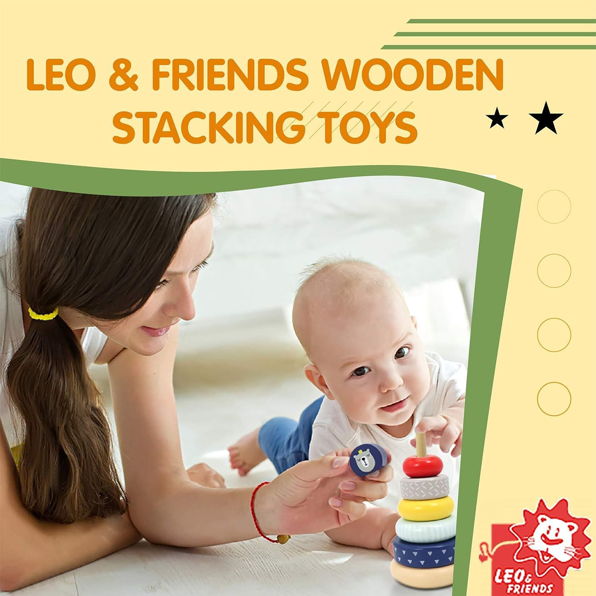 LEO & FRIENDS: Wooden Stacking Ring Toy - Coloful Tower, Benny The Bear Animal Topper, Sorting, Montessor, Early Development, Baby-Toddler-Kids 12mo+