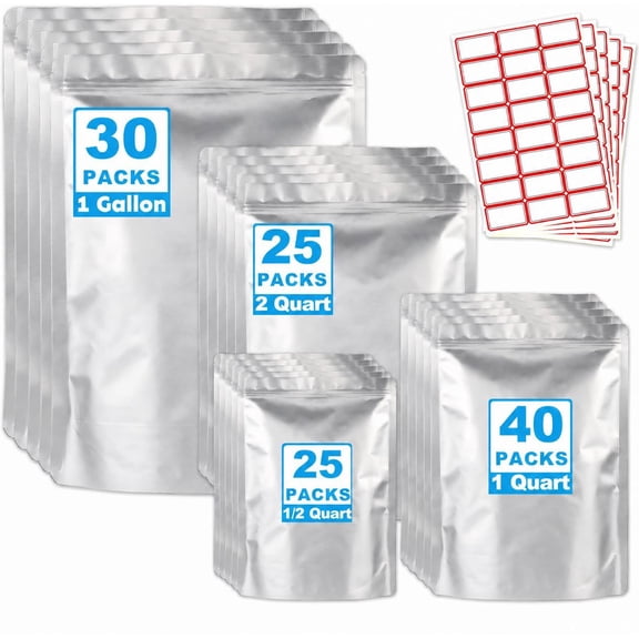 120 Mylar Bags For Food Storage - 1 Gallon (30pc), 1/2 Gallon (25pc), 1 Quart (40pcs),  1/2 Pint (25pc), Stand Up Resealable Mylar Bags