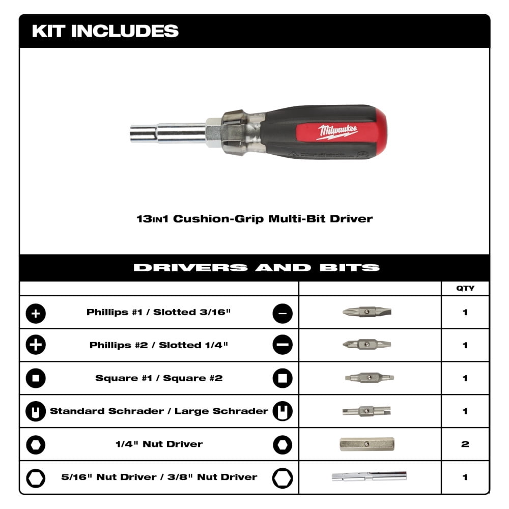 Milwaukee Tool 13in1 Cushion Grip Screwdriver with Schrader Bit