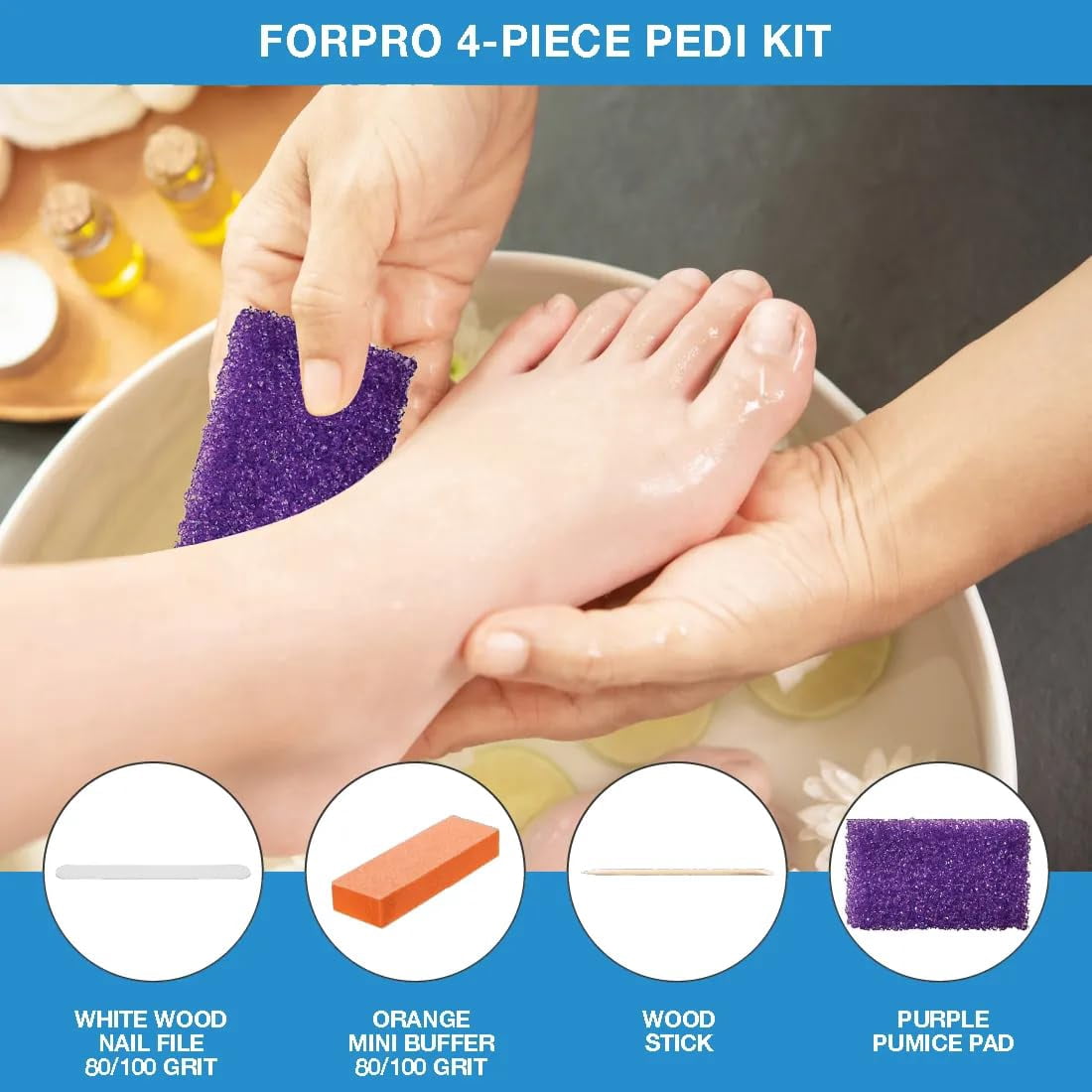ForPro 4-Piece Pedi Kit, 100-Count, Individually-Packed Pedicure Set, Purple Pumice Pad, White Wood Nail File 80/100 Grit, Orange Mini Buffer 80/100 Grit, Wood Stick