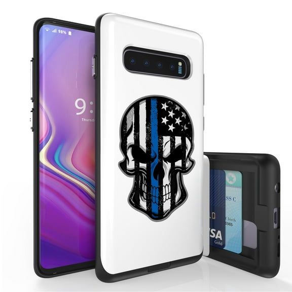 Galaxy S10  Case, Duo Shield Slim Wallet Case   Dual Layer Card Holder For Samsung Galaxy S10  [NOT S10 OR S10e] (Released 2019) Thin Blue Line Skull