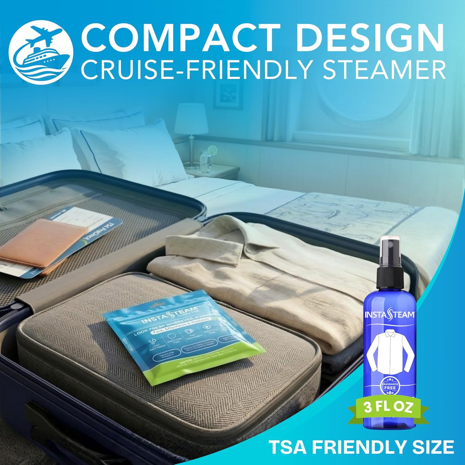 InstaSteam Starter Kit Travel Steamer, Electricity-Free, Wrinkle Release Spray, Cruise Ship Approved, Small Steamer, Disinfect, Deodorize