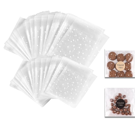 COREBAY 200-Pack White Polka Dot Self-Sealing Bags – Transparent Cookie Bags with Stickers, 4x4 & 5.5x5.5 Inches.