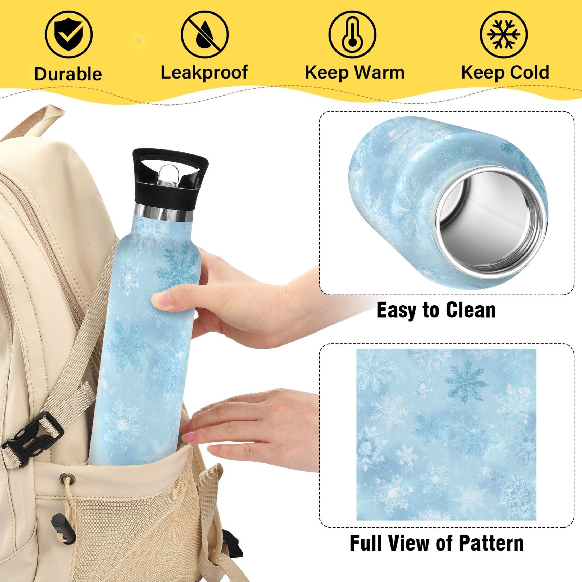 600ML Stainless Steel Insulated Cup Sports Water Bottle Portable Thermos Cup Water Glasses Insulated Tumblers Convenient and Durable Blue Snowflakes