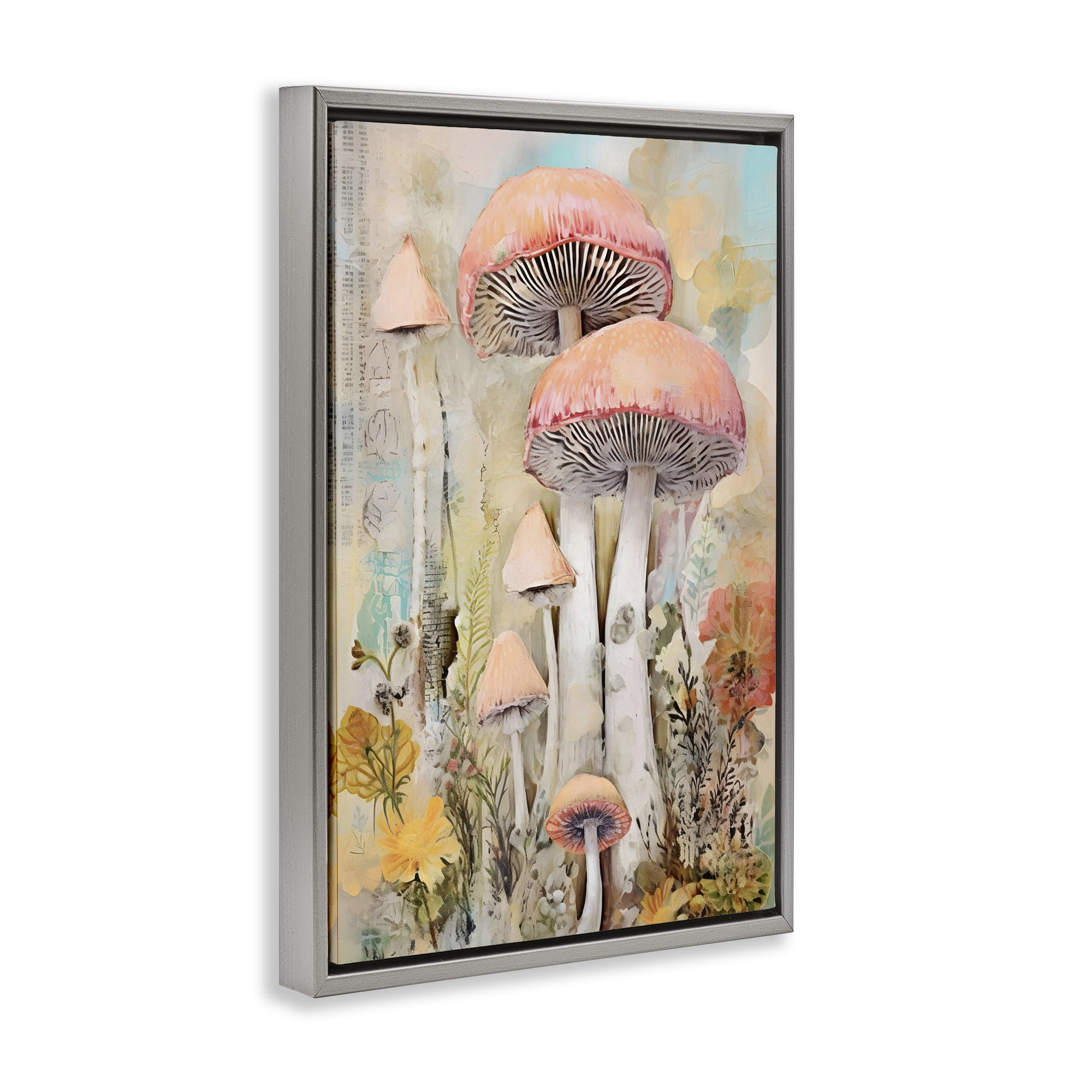 Stupell Industries Soft Collaged Mushrooms Plants & Flowers Painting Gray Floater Framed Canvas Art Print Wall Art, 21 x 31