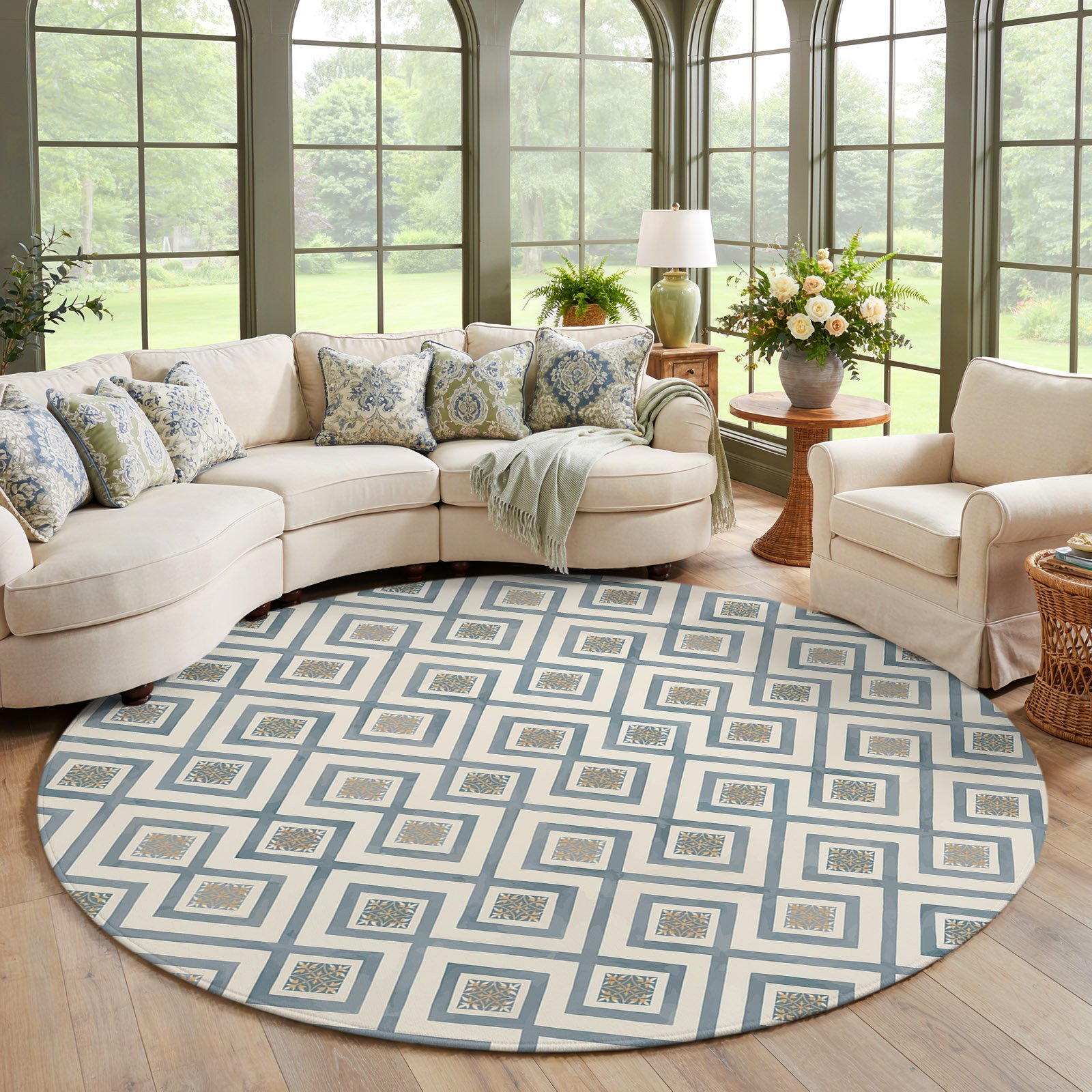 Washable Round Rugs 5 Ft Teal Geometric Non-Slip Area Rug Soft Circle Carpet for Bedroom Living Room Boho Plaid Modern Abstract Art Low Pile Floor Mat for Kitchen Nursery Office