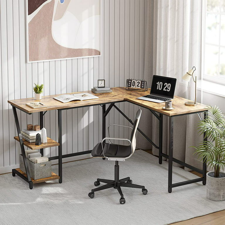 Cubicubi 59.1 inch Modern L Shaped Desk, Computer Table with Drawer, L Table Desk, Home Office Corner Desk with Small Table, Brown Finish, Size: 57