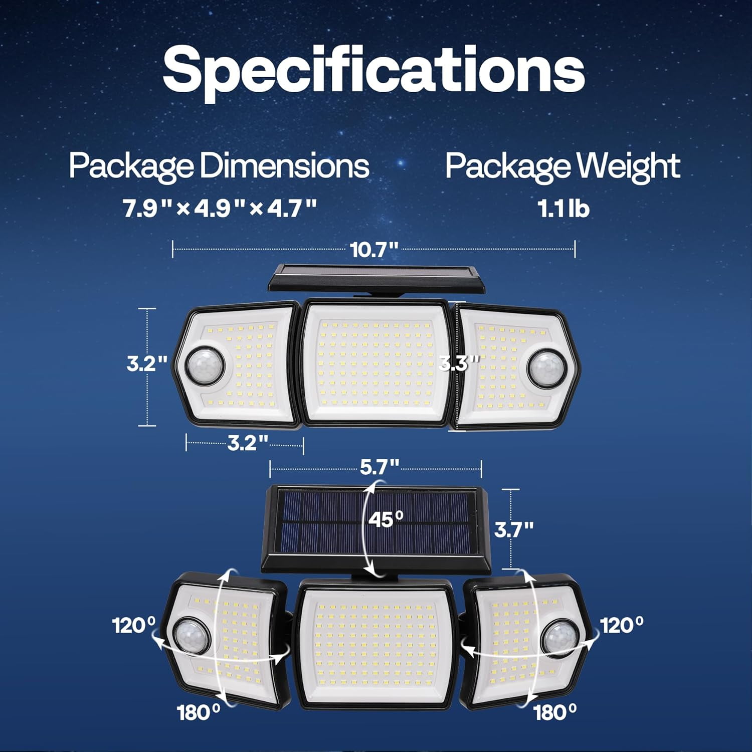 SPECSTAR Linkable Solar Flood Lights Outdoor, 2 Adjustable Motion Sensors Security Lights with 3 Heads, 2500LM, IP65 Waterproof, Solar Powered for Outside, Yard, Porch, Patio