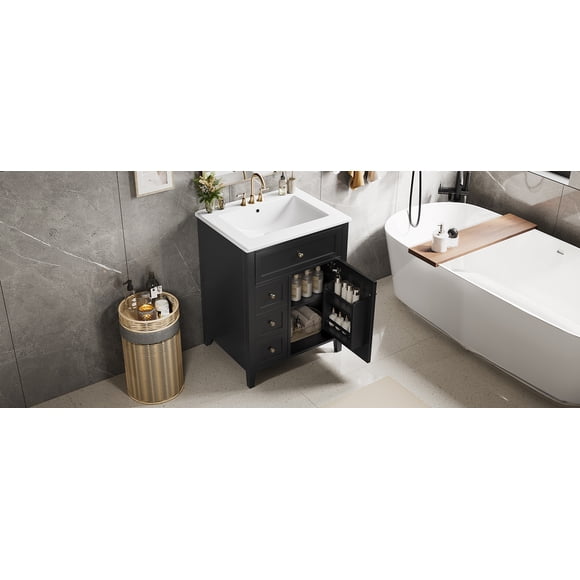 [Video] 24" Bathroom Vanity with Ceramic Sink, Rubberwood Legs, Tip-Out Top Drawer + 3 Pull-Out Drawers, Soft-Close Hinges, Cabinet with Adjustable Shelves, Black