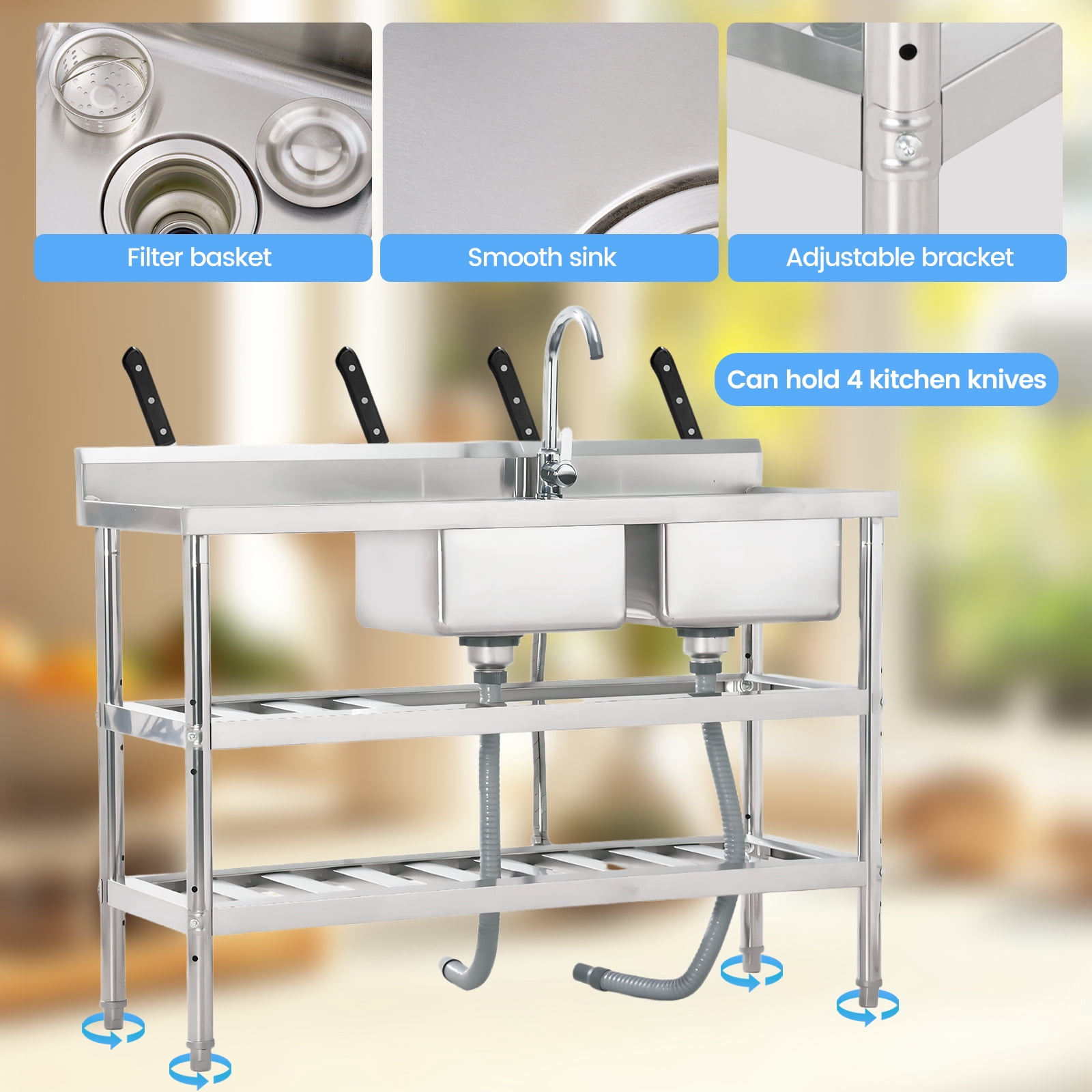 Stainless Steel Utility Sink, with Faucet, Legs, Cold and Hot Water Pipe, Heavy-Duty, Easy to Clean, for Laundry, Kitchen, Garage, Outdoor, Garden