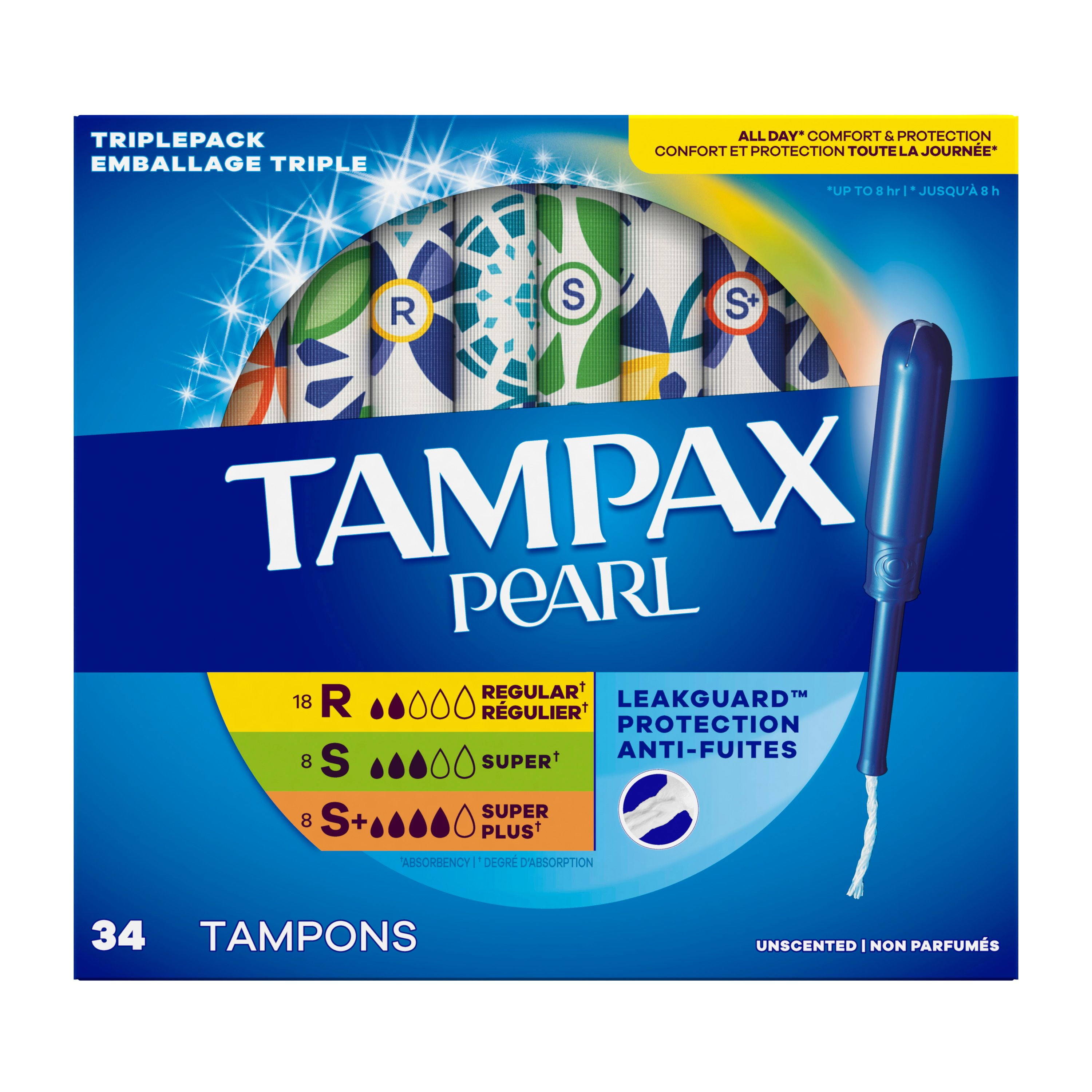 Tampons Tampax Pearl avec tresse anti-fuites, degré d’absorption régulier/super/super plus, emballage multiple, non parfumés, 34 tampons
