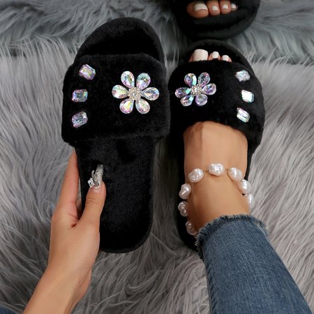 

XIAQUJ Women s Winter Fashion Flower Rhinestone Fluffy Drag Flat Warm Comfortable Indoor Fairy Wind Slippers Slippers for Women 2024 Black 8.5