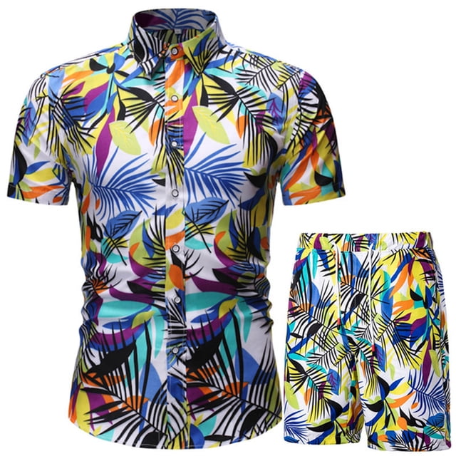 Birdeem Men Print Buttons Short Sleeves Casual Beach T-Shirt Tops Lacing Shorts Set