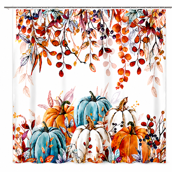 Fall Autumn Watercolor Pumpkin Shower Curtain, Thanksgiving Harvest Eucalyptus Leaves Blue Orange White Pumpkins, Rustic Farmhouse Waterproof Fabric Bathroom Curtain with Hooks, 72x72 Inches