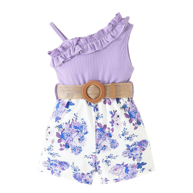 LUOGENLI Robe Fillette Tout-Petits Été Volants Sans Manches Imprimés Floraux Robe Côtelée Vêtements Jupe Maxi avec Fente Violet 18-24 Mois
