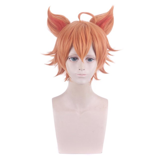 Peluca corta naranja para cosplay de 30 cm con orejas, sintética, resistente al calor