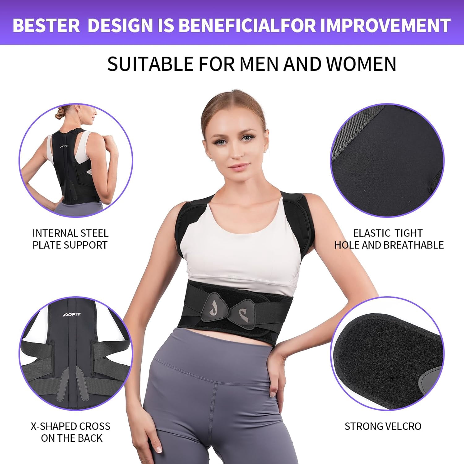 GKTG Back Brace Posture Corrector for Men and Women, Full Adjustable for Upper and Lower Back Pain Relief