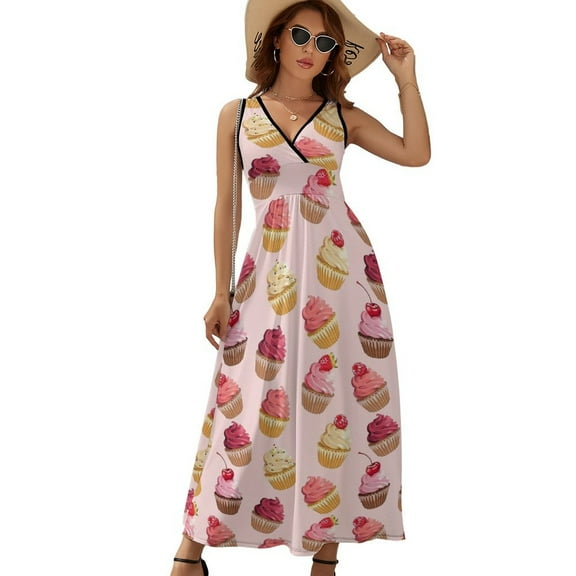 Delicious Pink Retro Cupcakes Sleeveless Dress Dresses Women Summer Evening Dresses Ladies Bohemia Long Dresses