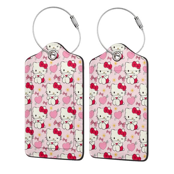Hello Kitty 2 Pieces Stainless Steel Ring Leather Luggage Tags Privacy Protection Name ID Holder Waterproof Convenient for Men and Women Travel 2.9" * 4.6"