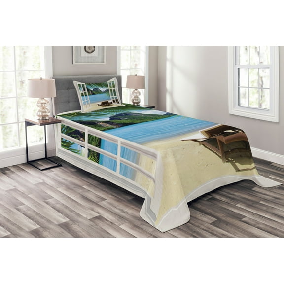 Ambesonne Beach Quilted Bedspread Set 2 Pcs, Palms and Ocean Summer, Twin Size, White Green and Blue