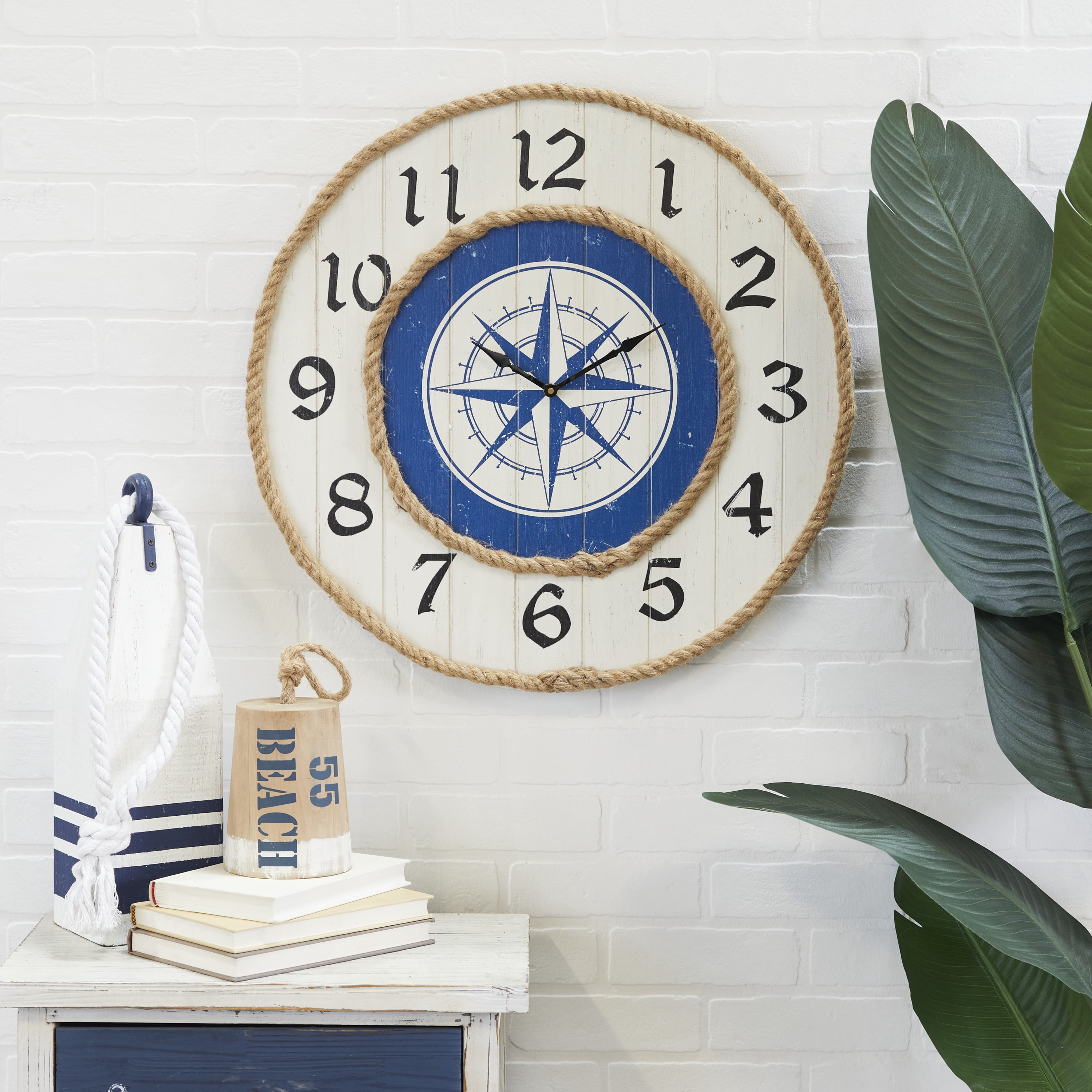 DecMode 24" Blue Wood Compass Wall Clock with Rope Accents