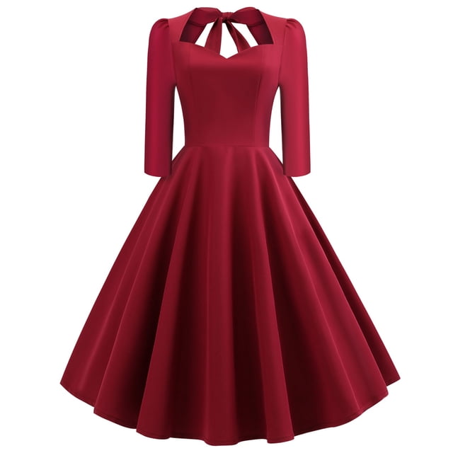 Bigersell Robes de Bal pour Femmes Manches Courtes Col en V Couleur Unie Rétro Taille Haute Robe Moulante pour Femme Robes Mini Régulières, Style 25556, Vin m