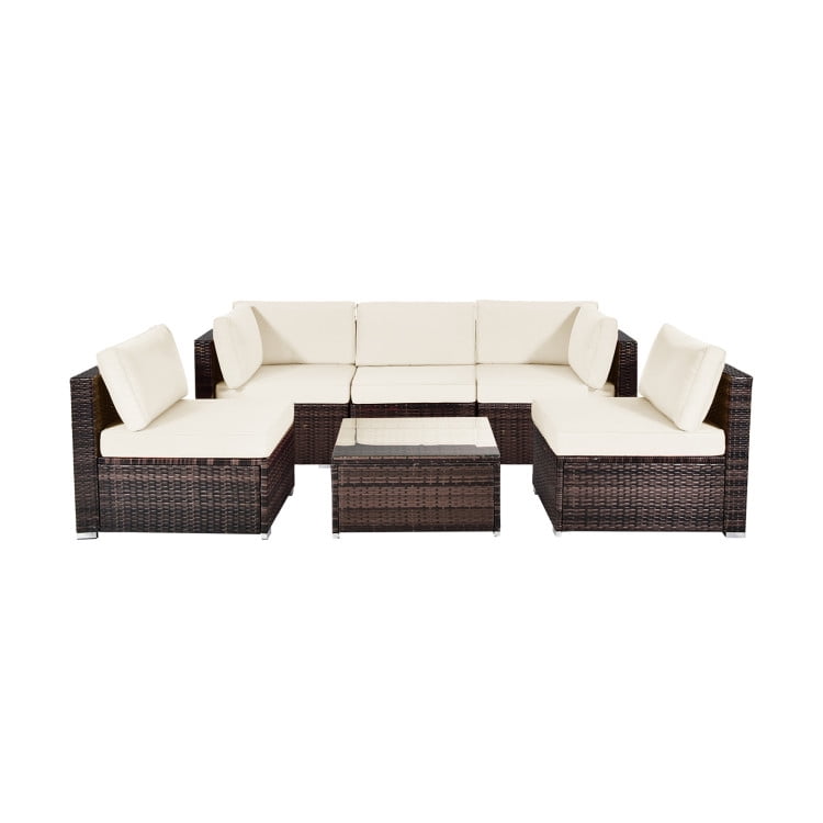 GVN 6 Pieces Patio Rattan Furniture Set with Cushions and Glass Coffee Table-White, Outdoor Sofa Sectional , Coffee Table for Patio Back Deck, Balcany, Poolside GVN 6 Pieces Patio Rattan Furniture Set with Cushions and Glass Coffee Table-White, Outdoor Sofa Sectional , Coffee Table for Patio Back Deck, Balcany, Poolside