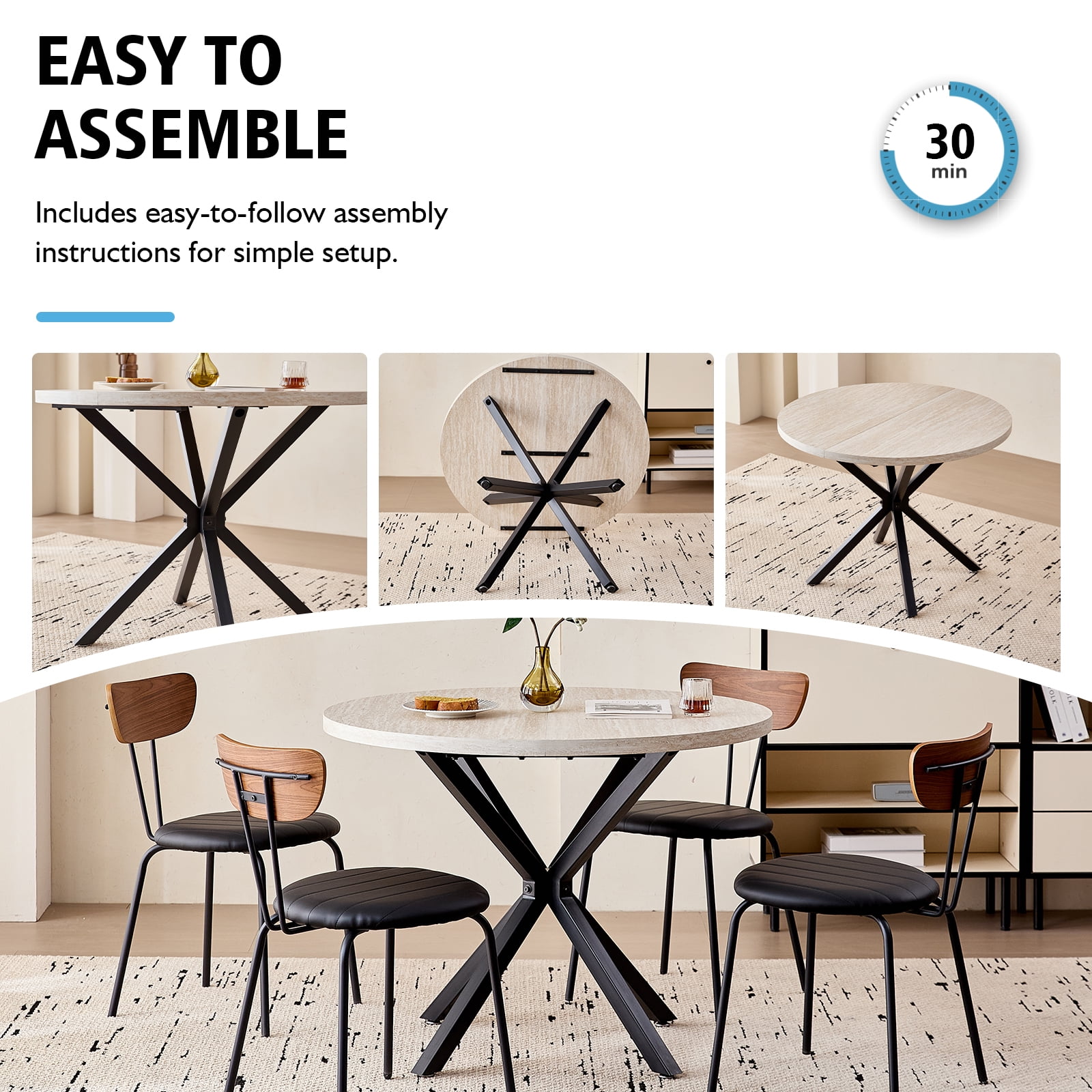 39 Inch Round Dining Table for 4, Mid-Century Kitchen Leisure Table for Apartment Living Room Space Saving, Metal Cross Legs, Light Stone Pattern