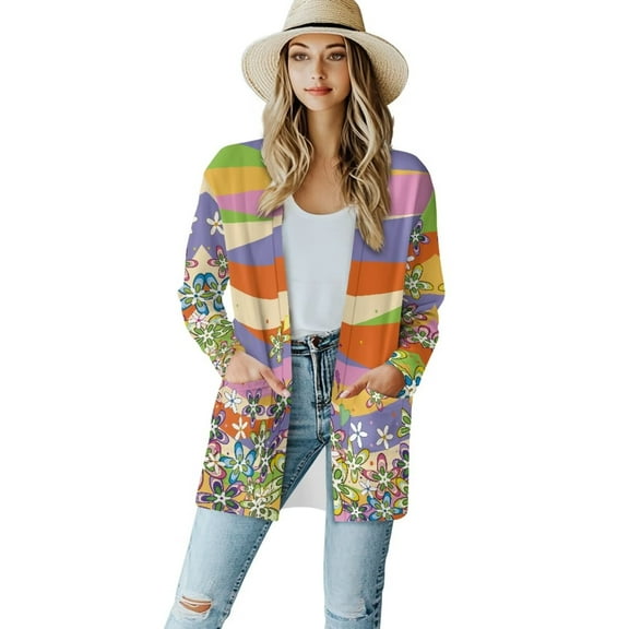 Garronmavis Long Sleeve Cardigan Sweater with Pockets Womens Lightweight Plus Size Jacket Coat Knit Sweater Thin Beach Cover Up Top Retro 70s Flower Power