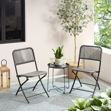 Mainstays 3-Piece Steel and Wicker Rope Folding Outdoor Patio Bistro Set, Gray/Black