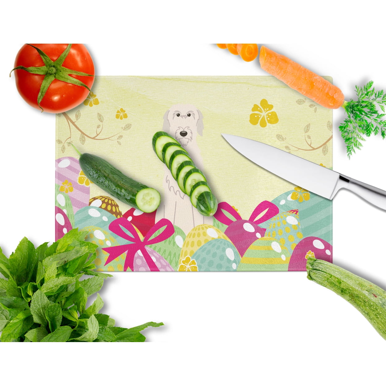 Carolines Treasures Easter Eggs Irish Wolfhound Glass Cutting Board Large 12H x 16W multicolor