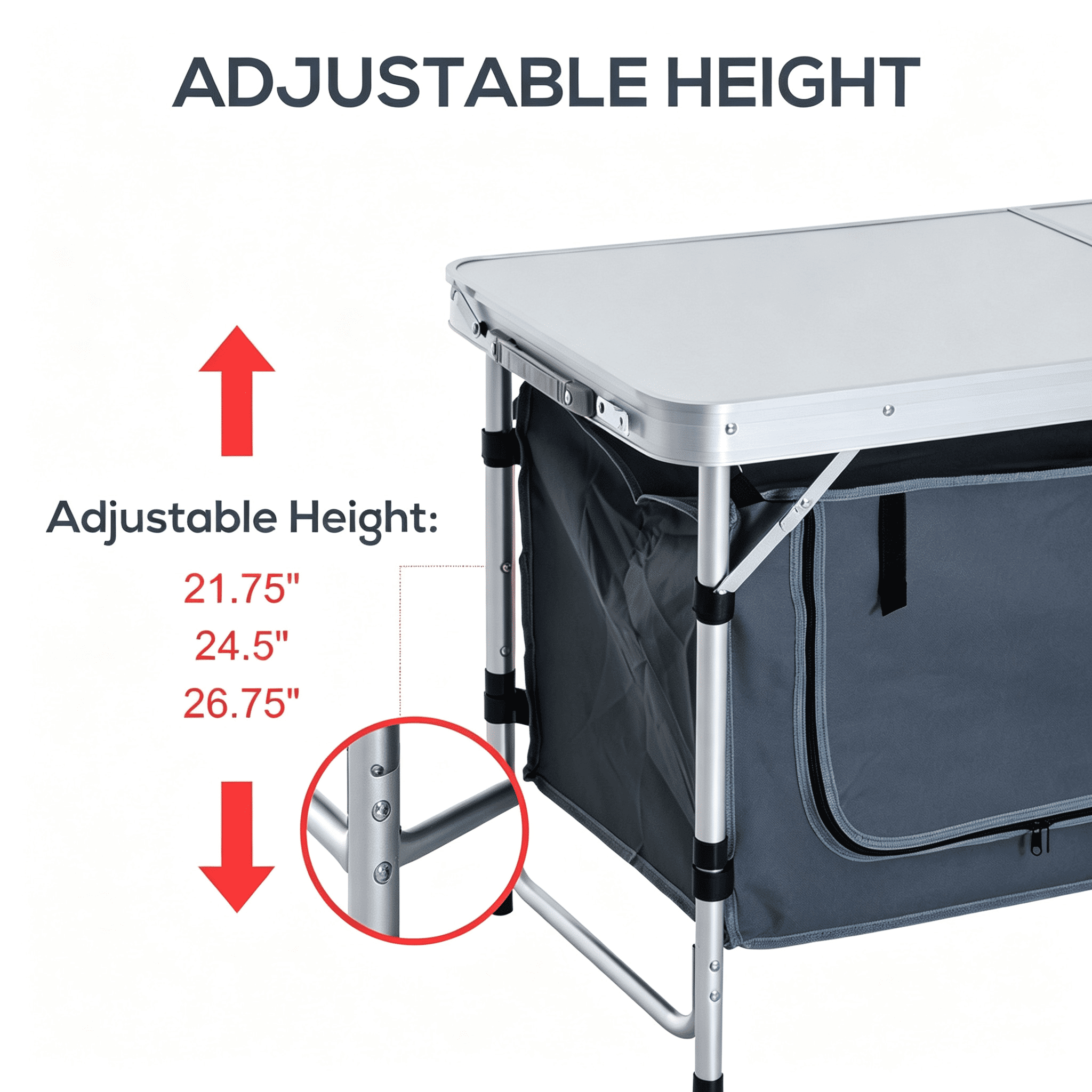 47" Aluminum Portable Camping Table, Folding Picnic Table with Handle & Storage, Silver