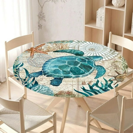 

Sea Turtle Round Tablecloth with Elastic Edge Ocean Theme Waterproof Table Cover for Kitchen Dining Table Decoration Accessories