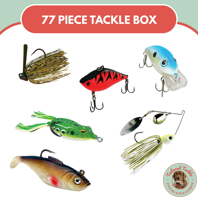 Tailored Tackle Bass Fishing Kit 77 Pc Bass Gear Tackle Box with Tackle  Included Crankbait Lures Spinner Baits Jigs Worms Swimbaits Topwater Frog Lure  Fish Hooks Bait Fishing Gifts Equipment 